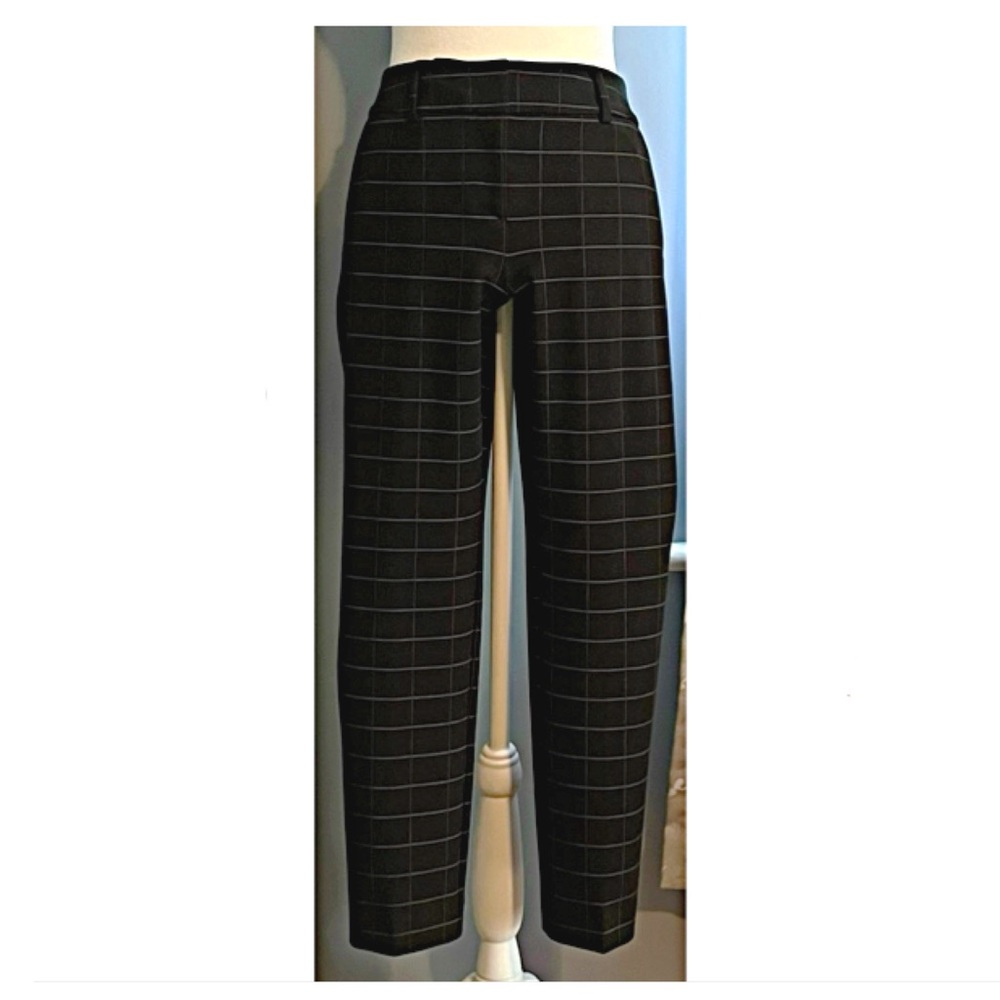 NWT ANN TAYLOR PETITE Seasonless Stretch ANKLE PANTS 0P BLACK WINDOWPANE PLAID - Picture 3 of 11